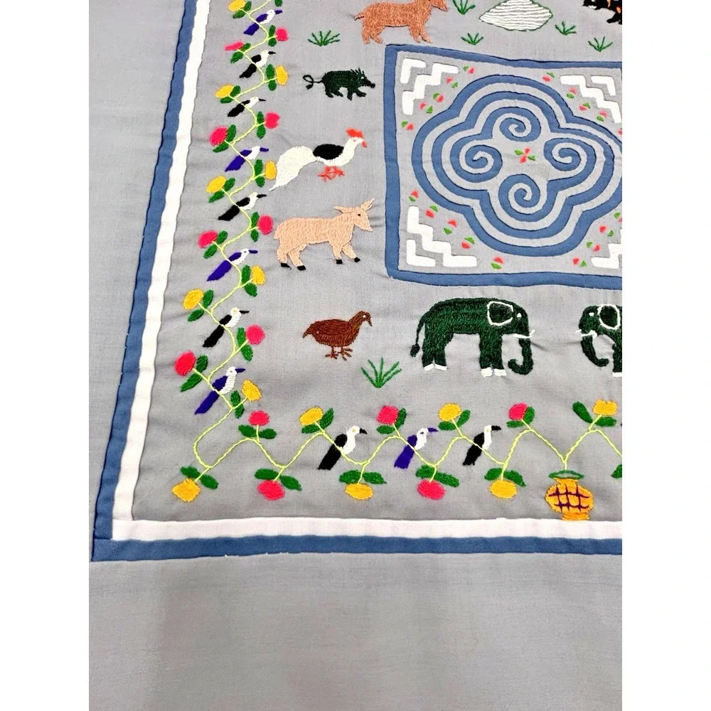 Vintage Hmong Hand Embroidered Story Cloth Tapestry Matching Set of 2 17.5x17.5